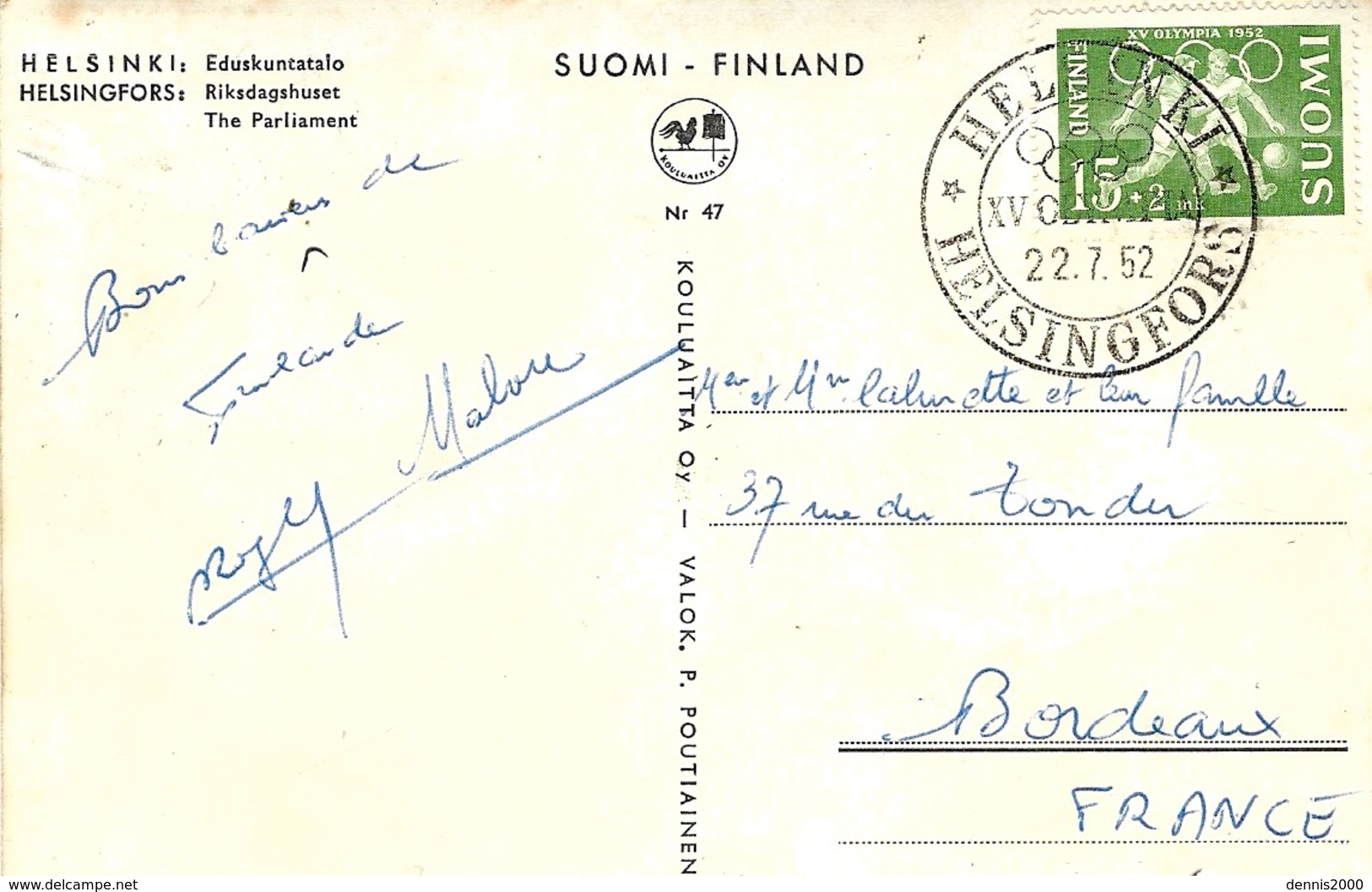 22-7-52 -  Carte Postale De Finlande Affr. 15 +2 Football  Oblit. J. O. - Hiver 1952: Oslo