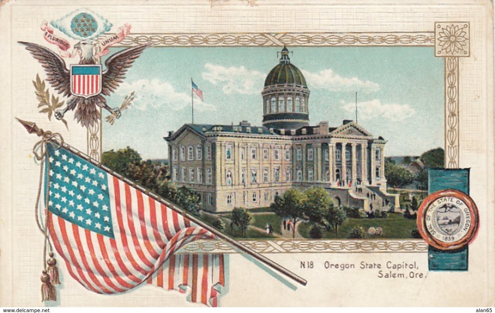 Salem Oregon State Capitol Building, US Flag, C1900s Postcard - Salem