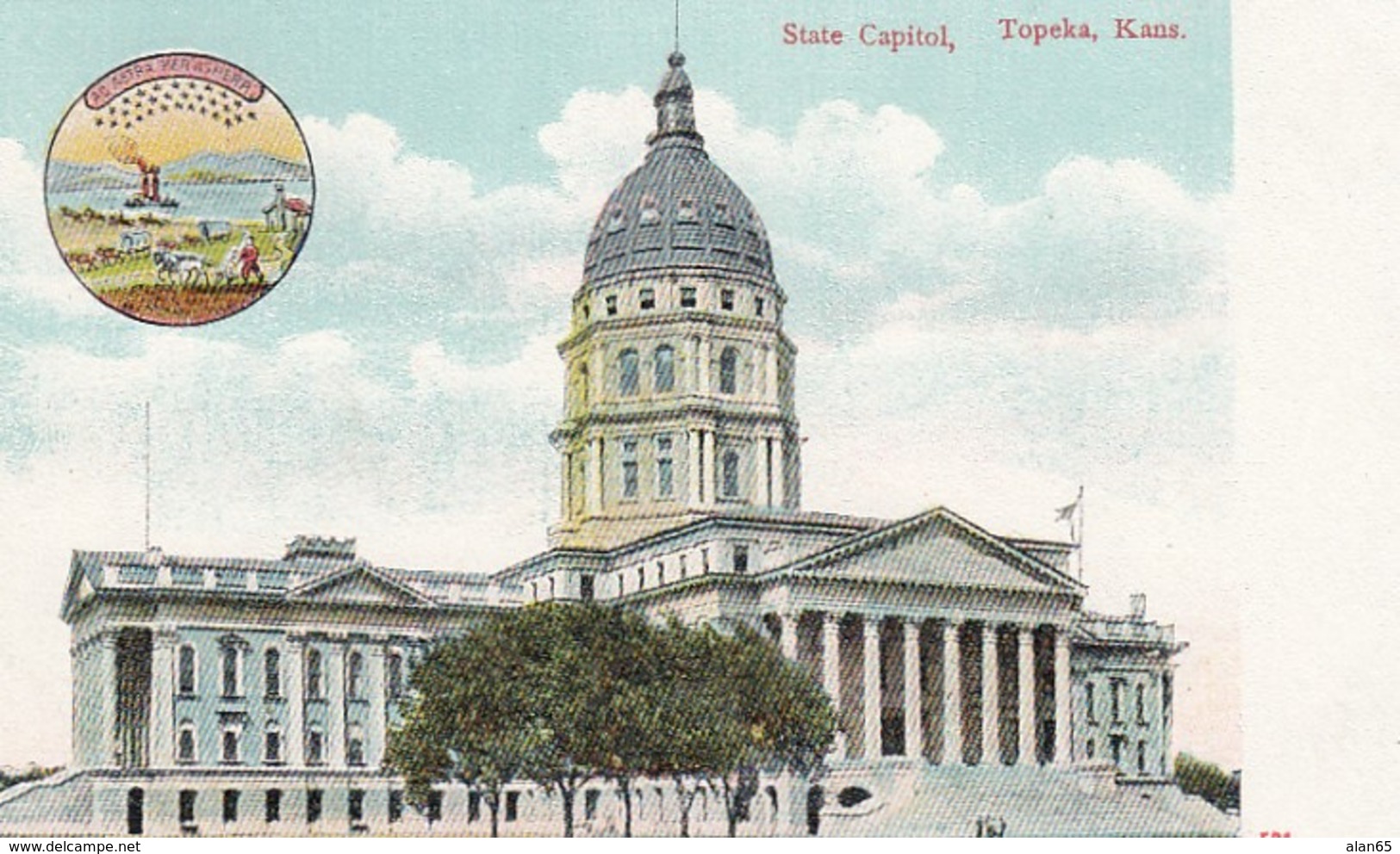 Topeka Kansas State Capitol Building, State Seal, C1900s Postcard - Topeka