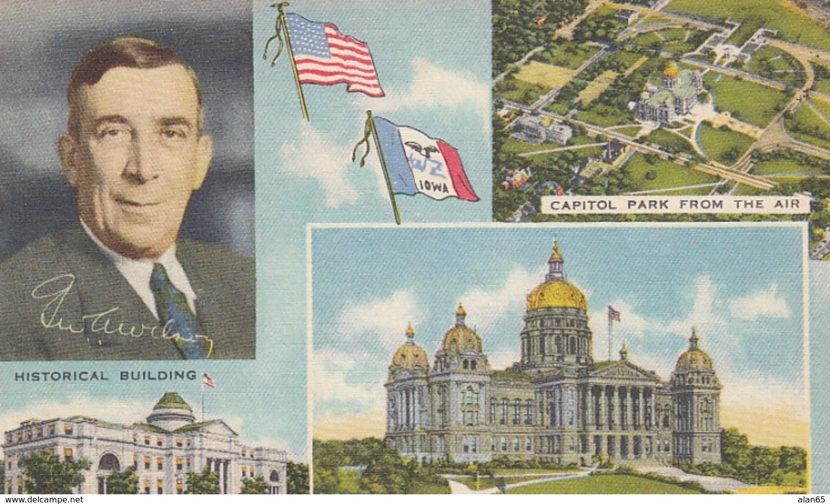 Des Moines Iowa State Capitol Building, Governor George Wilson, C1940s Postcard - Des Moines