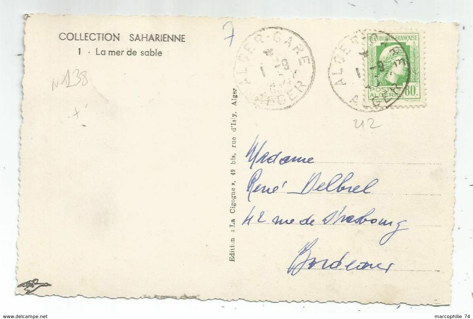 ALGERIE 70C CARTE MAXIMUM LA MER DE SABLE 1.9.1945 + MARIANNE ALGER 80C VERT AU DOS - Briefe U. Dokumente