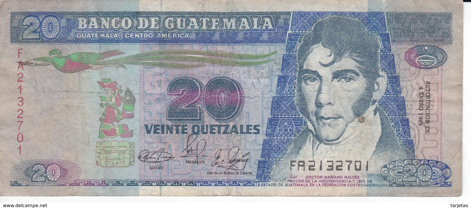 BILLETE DE GUATEMALA DE 20 QUETZALES DEL AÑO 1989 (BANKNOTE) - Guatemala