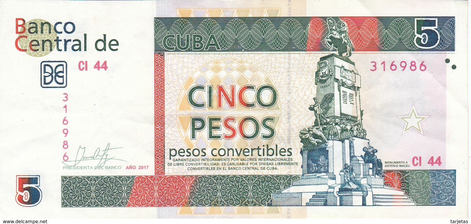 BILLETE DE CUBA DE 5 PESOS CONVERTIBLES DEL AÑO 2017  (BANKNOTE) ANTONIO MACEO - Cuba