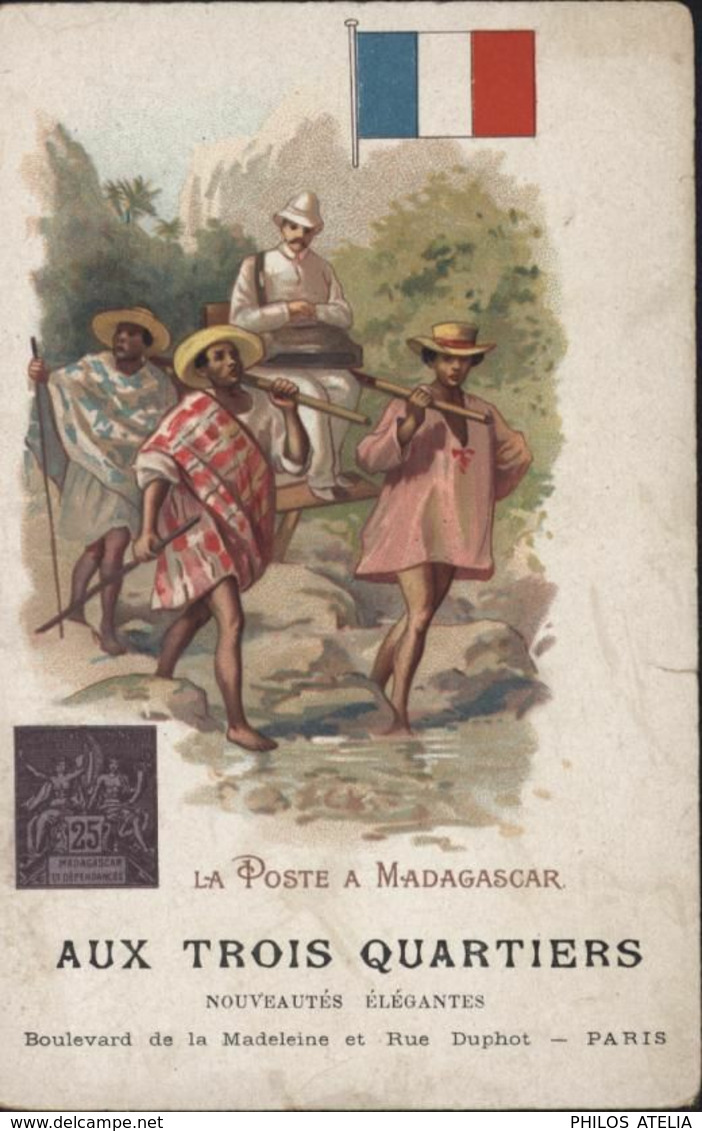 CPA Drapeau France La Poste à Madagascar Publicité Aux 3 Quartiers Nouveautés élégantes Paris Facteur Colon à Porteurs - Poste & Facteurs