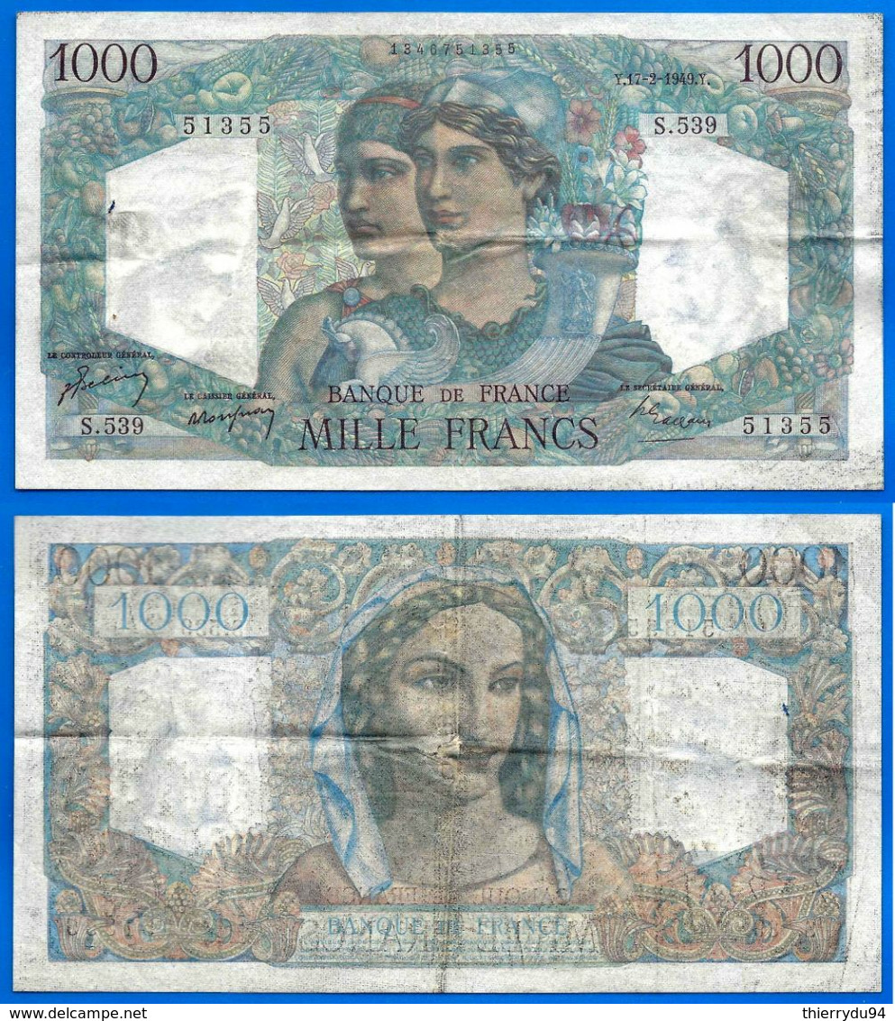 France 1000 Francs 1949 17 Fevrier Prefix S Minerve Hercule Que Prix + Port Grand Billet Frcs Frc Paypal - 1 000 F 1945-1950 ''Minerve Et Hercule''