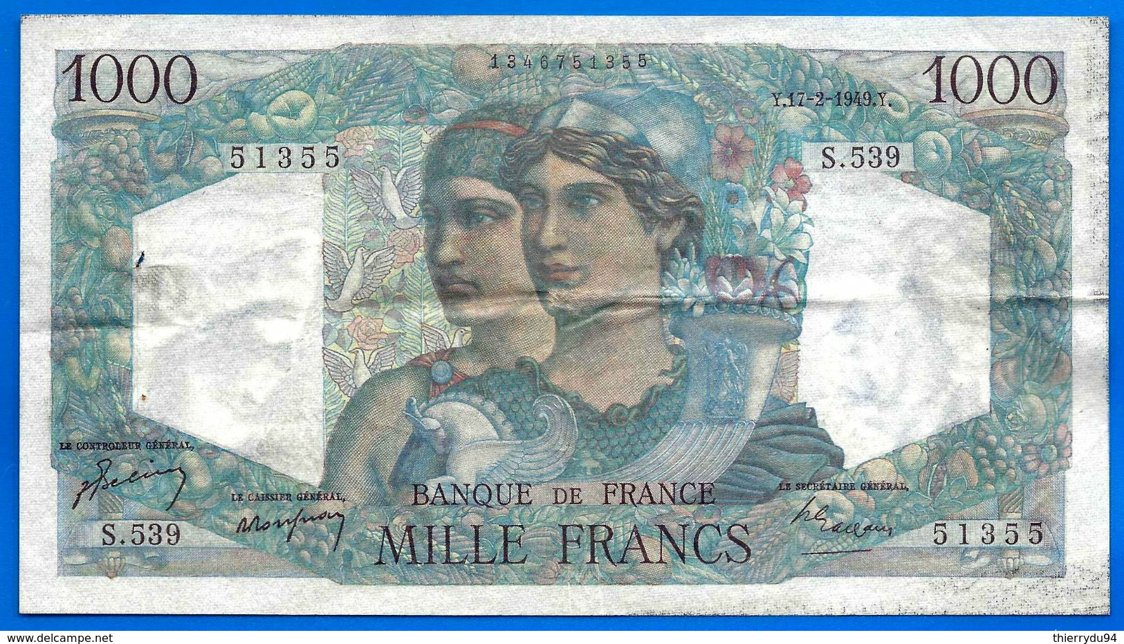 France 1000 Francs 1949 17 Fevrier Prefix S Minerve Hercule Que Prix + Port Grand Billet Frcs Frc Paypal - 1 000 F 1945-1950 ''Minerve Et Hercule''