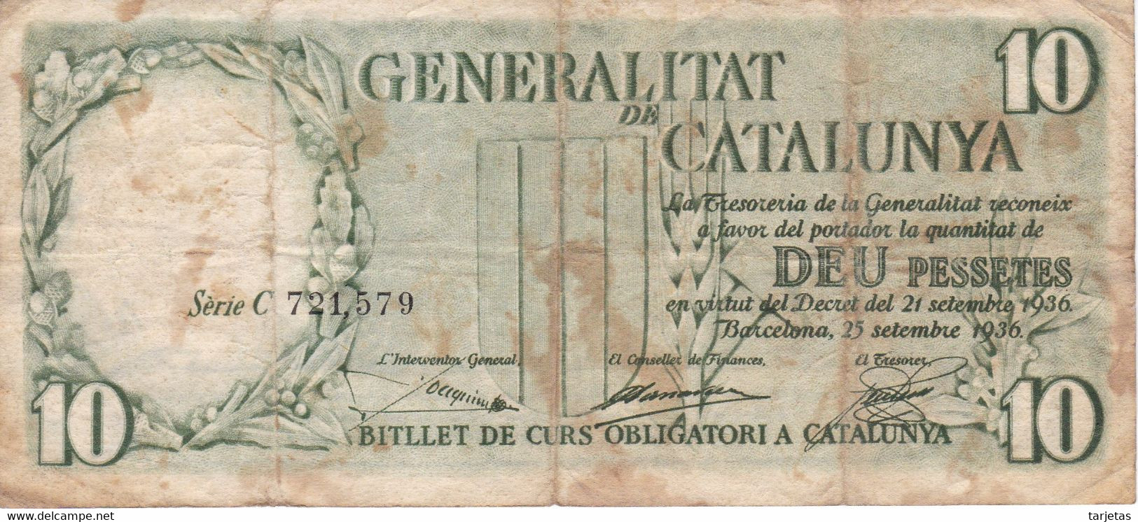 BILLETE DE ESPAÑA DE 10 PTAS DE LA GENERALITAT DE CATALUNYA  DEL AÑO 1936 (BANKNOTE) - 10 Pesetas