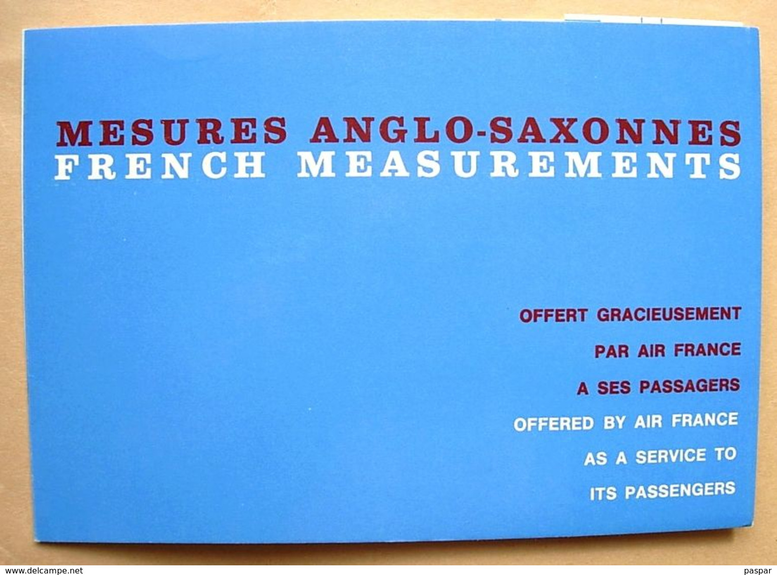 Cartelette AIR FRANCE Mesures Anglo-saxonnes Tailles Pointures - Welcome Service - Giveaways