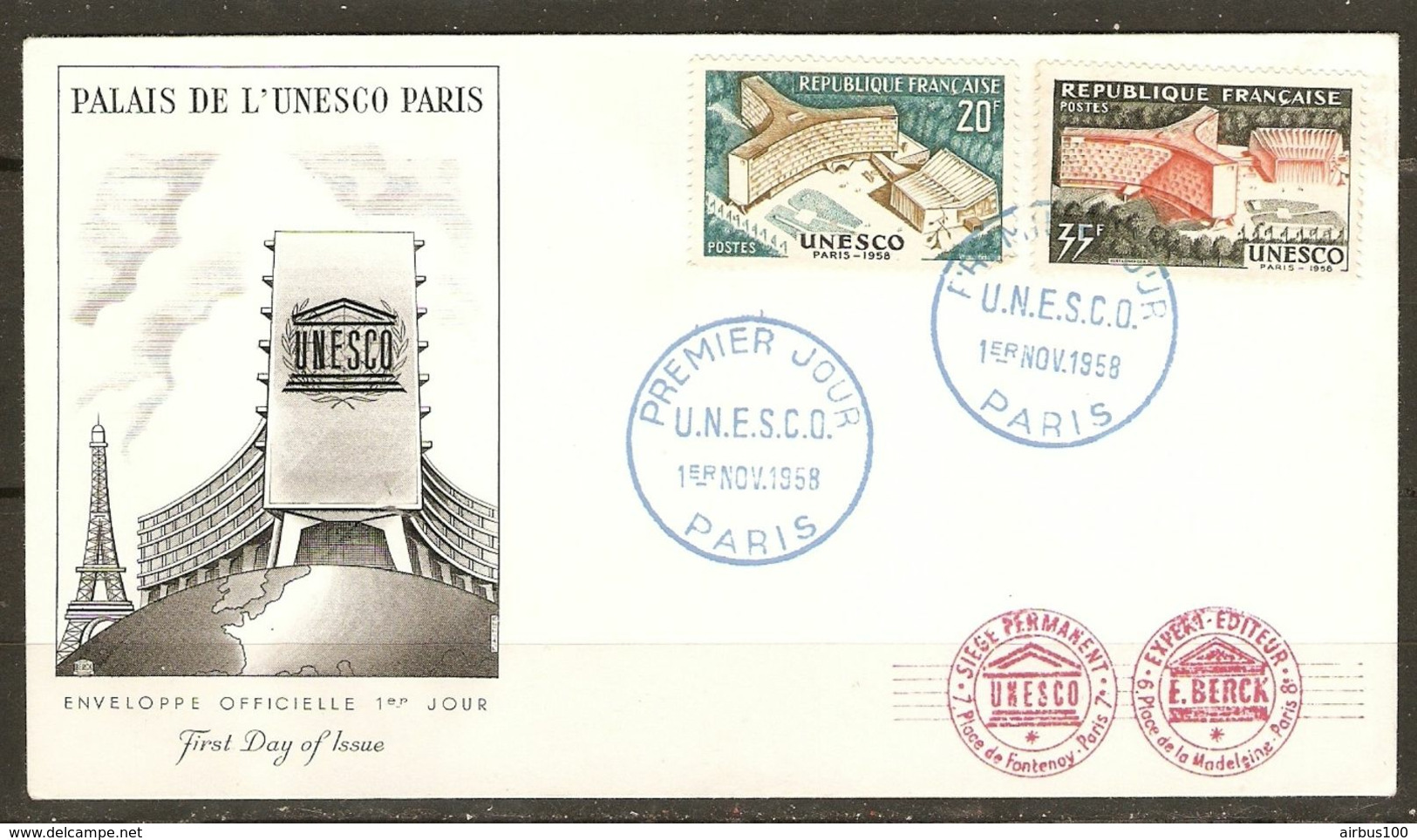 ENVELOPPE FDC UNESCO PARIS 1er NOVEMBRE 1959 PALAIS DE L'UNESCO - FIRST DAY COVER - Y & T N° 1177 1178 - Lettres & Documents