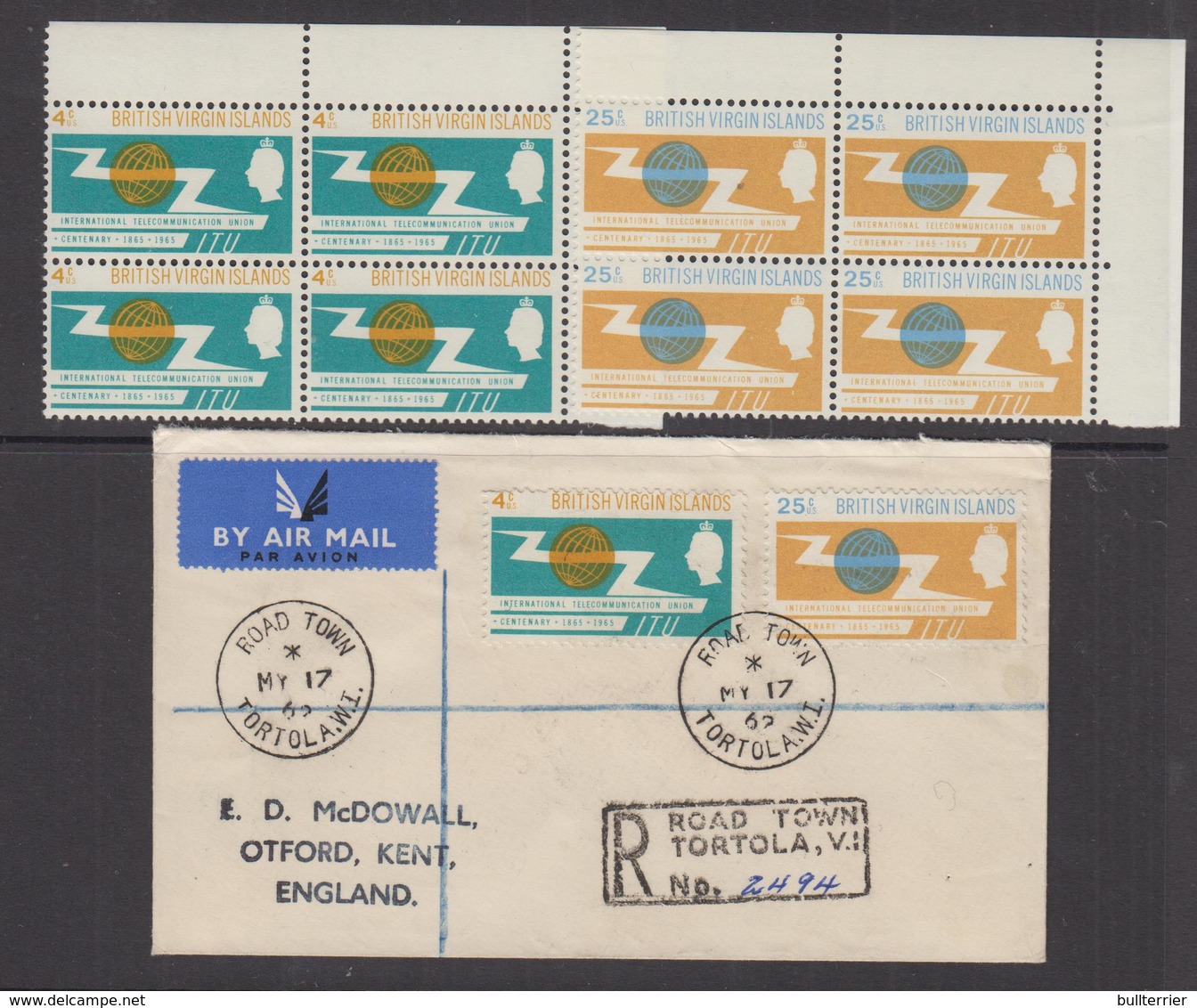 VIRGIN ISLANDS -1965 - ITU CENTENARY SET  OF 2 (BOTH PRINTINGS)  IN BLOCKS OF 4 MH OR MNH ON   FDC TO ENGLAND - British Virgin Islands