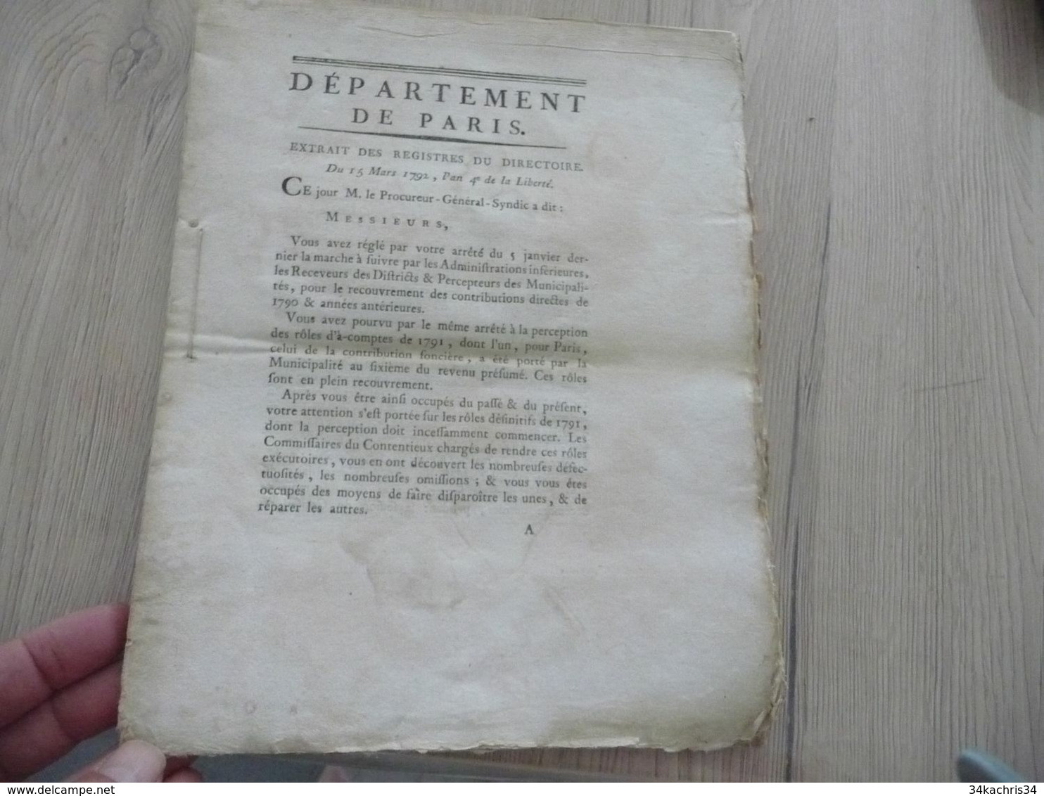 Révolution Département De Paris 15/03/1792 Extraits Registres Du Directoire 42 Mouillures - Décrets & Lois