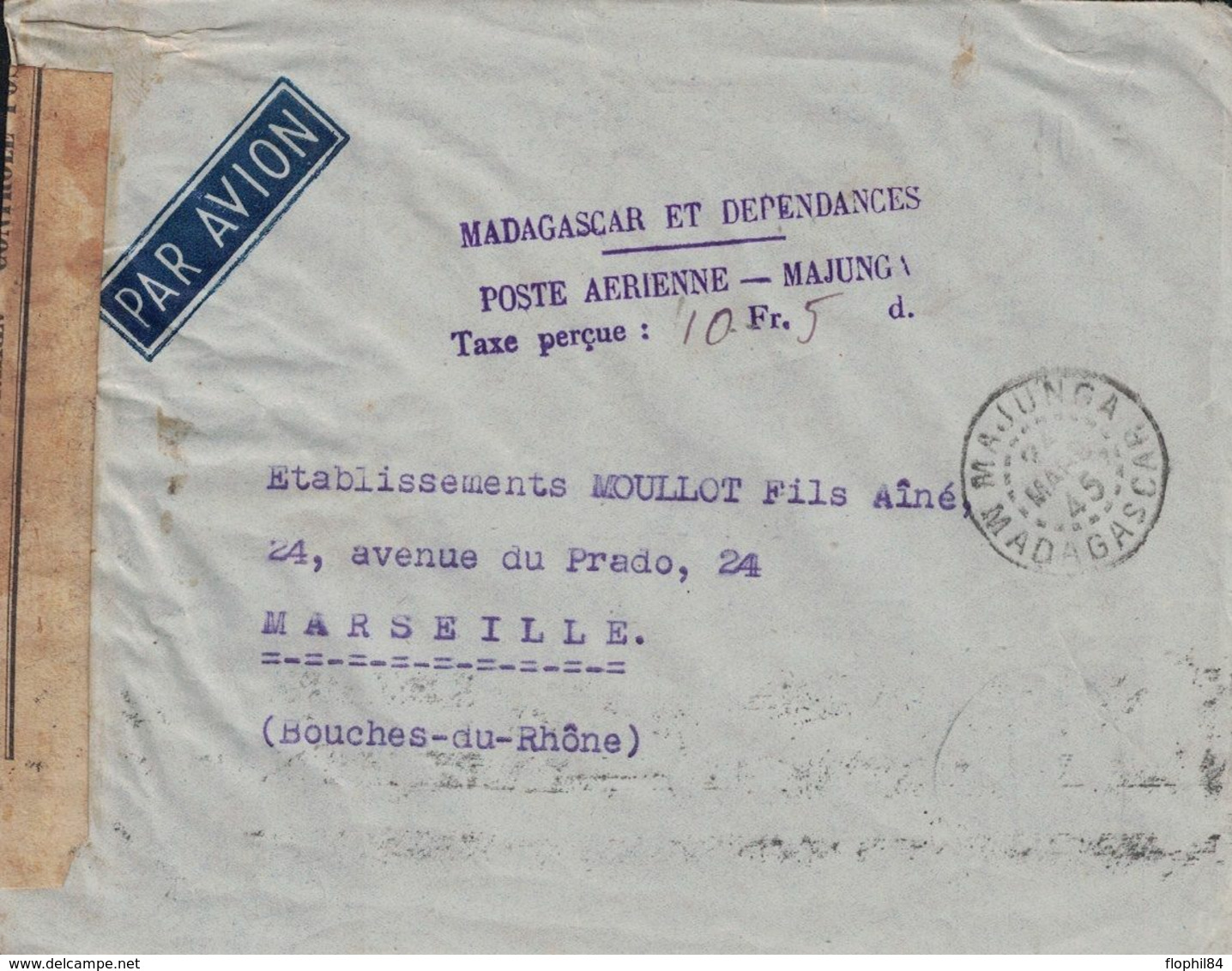 MADAGASCAR - MAJUNGA - GRIFFE POSTE AERIENNE MAJUNG TAXE PERCU 10F50 - LETTRE CENSURE POUR LA FRANCE AVEC PUCE CENSEUR - Other & Unclassified