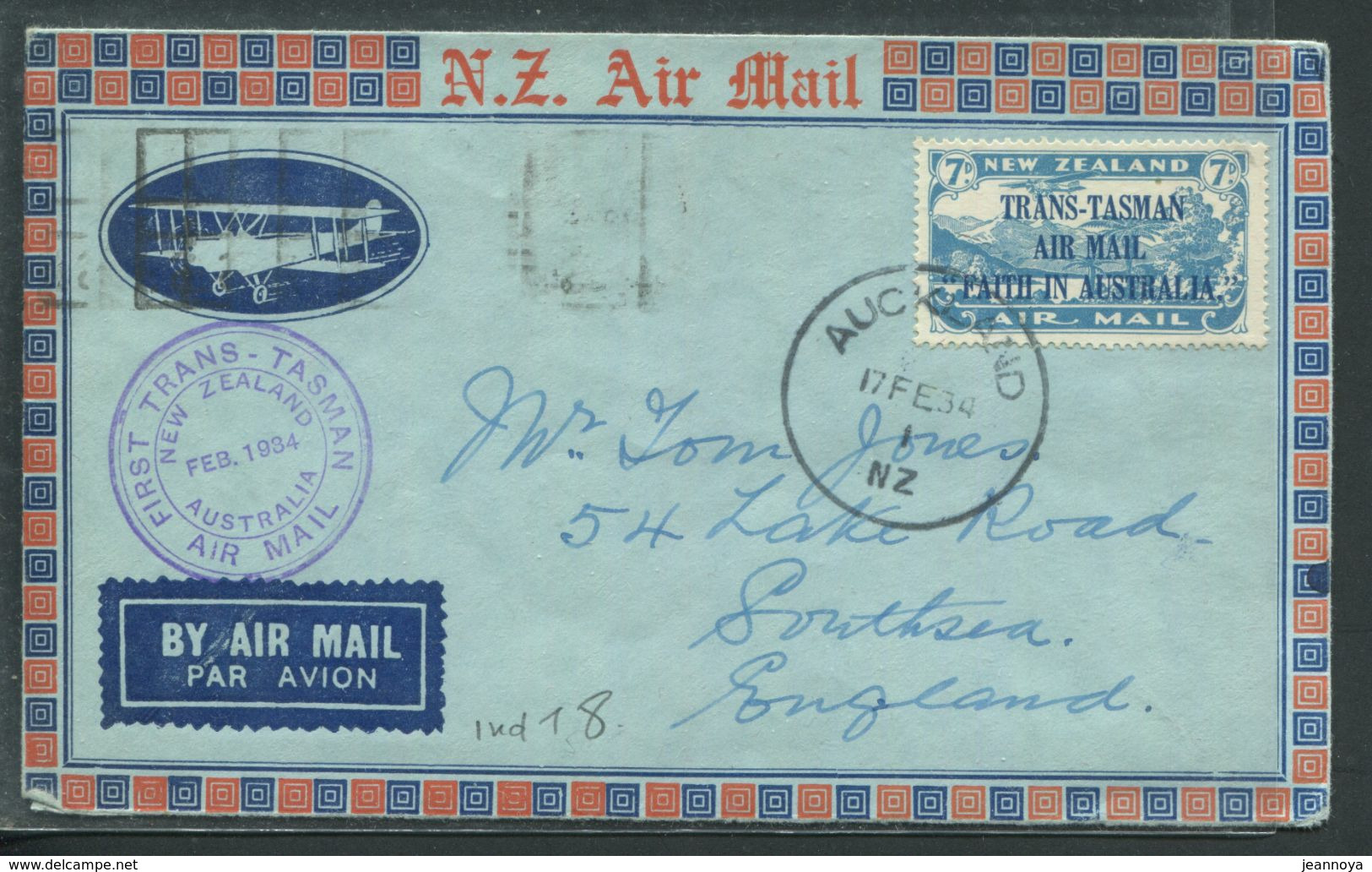NOUVELLE ZELANDE - PA N° 5 / 1er. VOL AUCKLAND - SYDNEY LE 17/2/1934 ( VOL MULLER N° 130) - TB & RARE - Briefe U. Dokumente