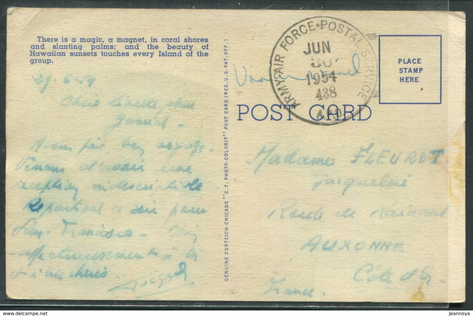 HAWAII - CP EN FRANCHIDSE " ARMY-AIR FORCE POSTAL SERVICE LE 30/6/1954 DE L'A.P.O. 438 " POUR LA FRANCE - TB - Oceania (Other)