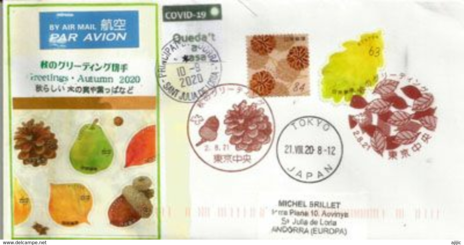 Greetings Automn 2020 ! Letter From Tokyo, Sent During Lockdown COVID19 Andorra, With Arrival Sticker STAY AT HOME - Storia Postale