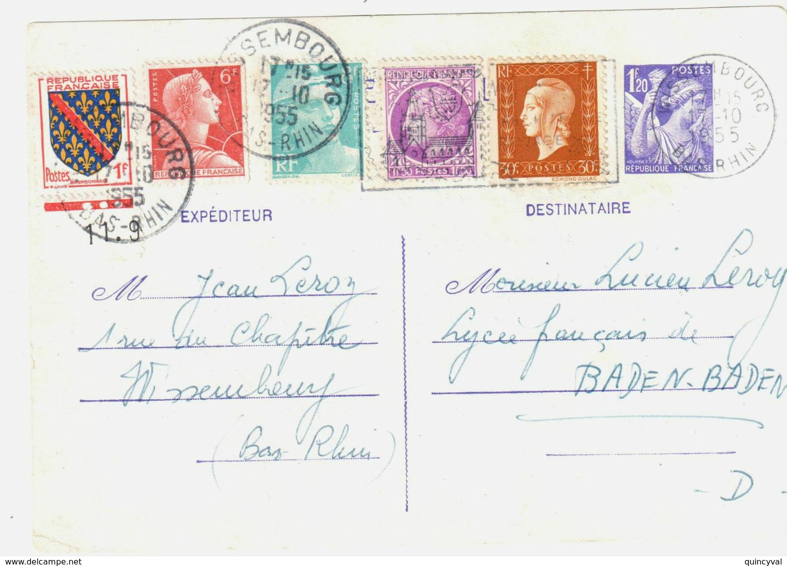 WISSEMBOURG Carte Postale Entier 1,20 Iris Violet Dest Allemagne Complément Gandon Dulac Mazelin Muller Ob 1955 Yv 651CP - Standard- Und TSC-AK (vor 1995)