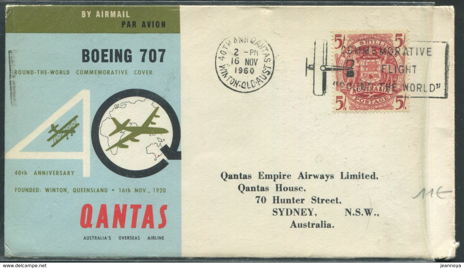 AUSTRALIE - N° 164 / 1er. VOL AUTOUR DU MONDE PAR BOEING 707 DU 16/11/1960 - TB - Otros & Sin Clasificación