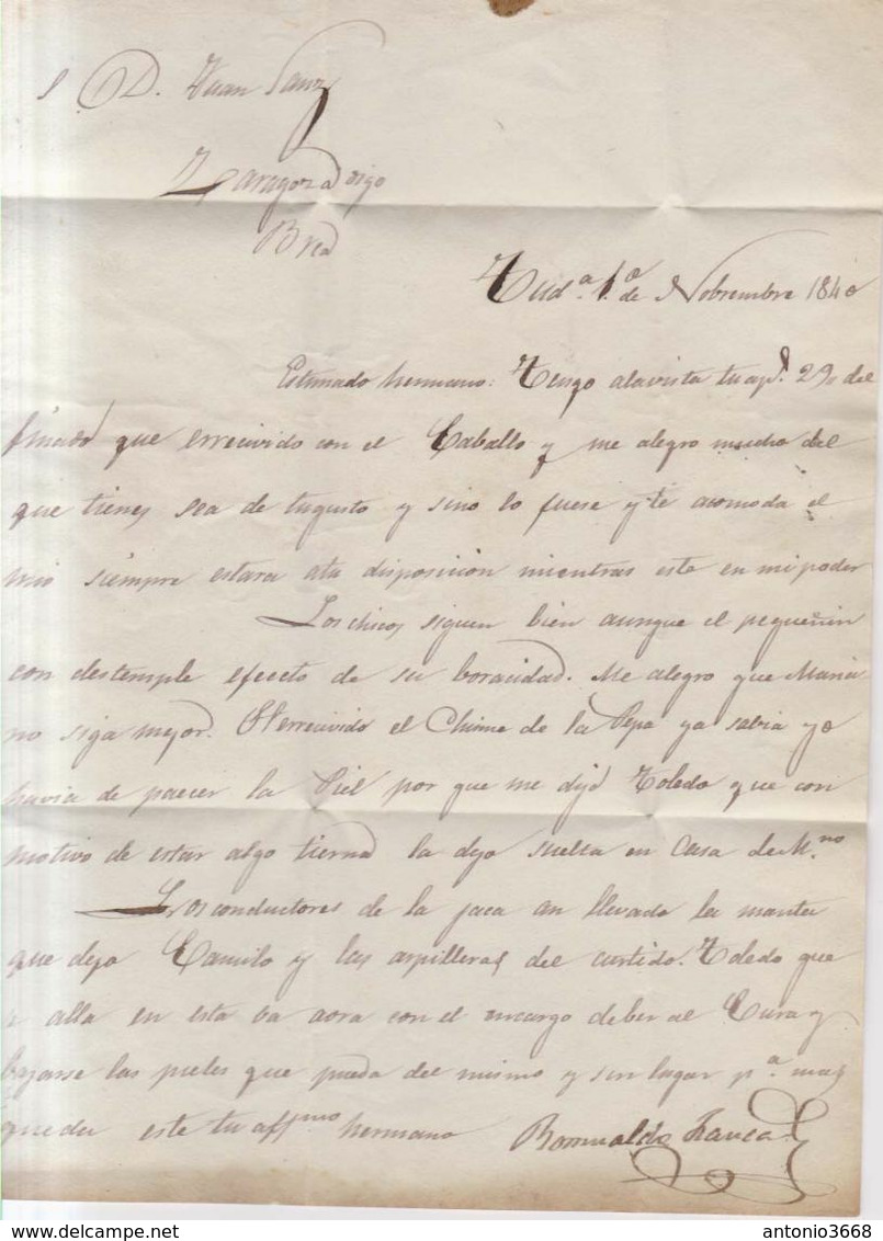 Año 1840 Prefilatelia Carta De Tudela A Brea  Marcas Nº 14 Tudela Navarra   Y Porteo 7 Curiosa Carta Romualdo Frauca - ...-1850 Préphilatélie