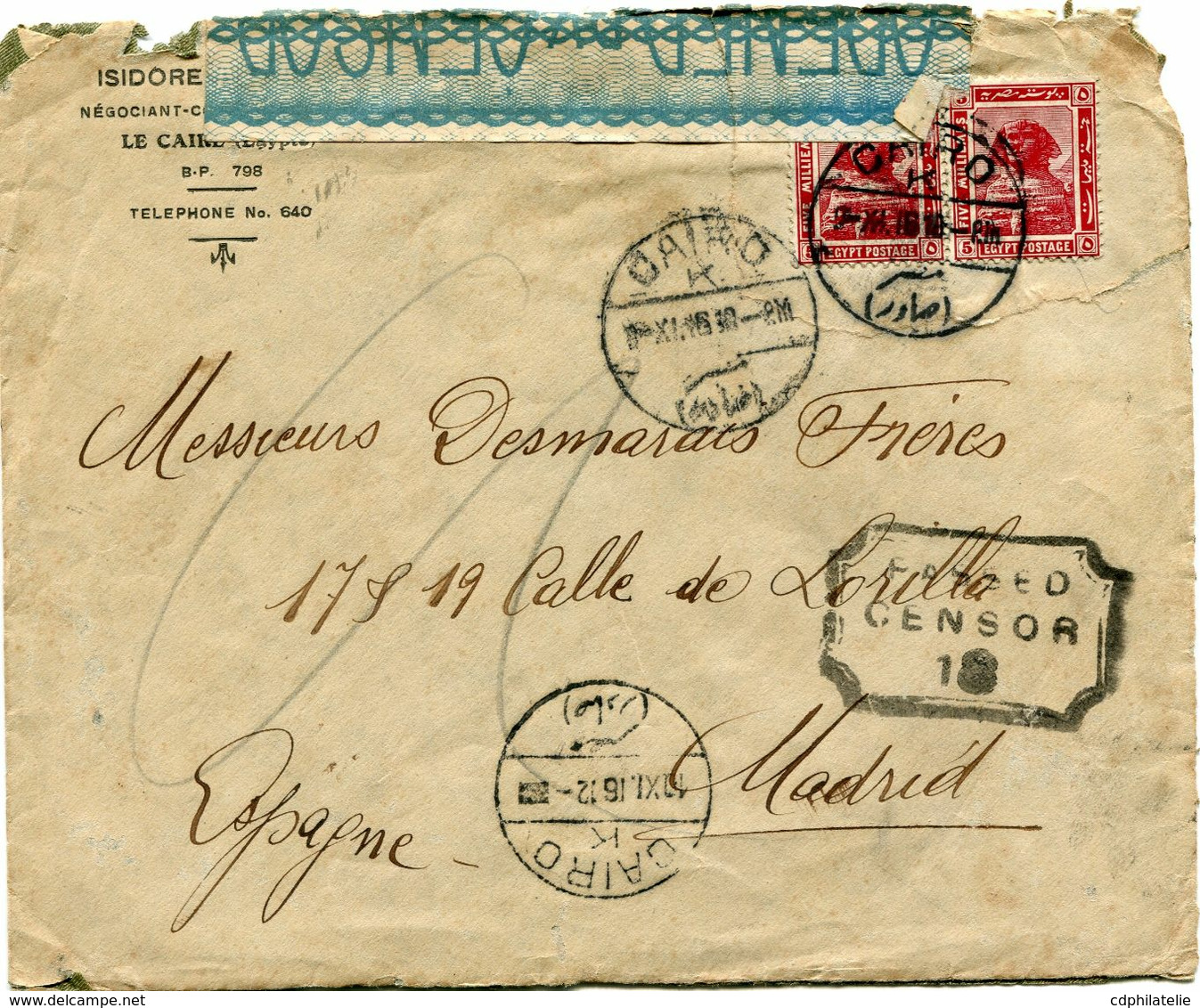 EGYPTE ENTIER POSTAL CENSURE AVEC COMPLEMENT D'AFFRANCHISSEMENT DEPART CAIRO 9 XI 16 POUR L'ESPAGNE - 1915-1921 Protettorato Britannico