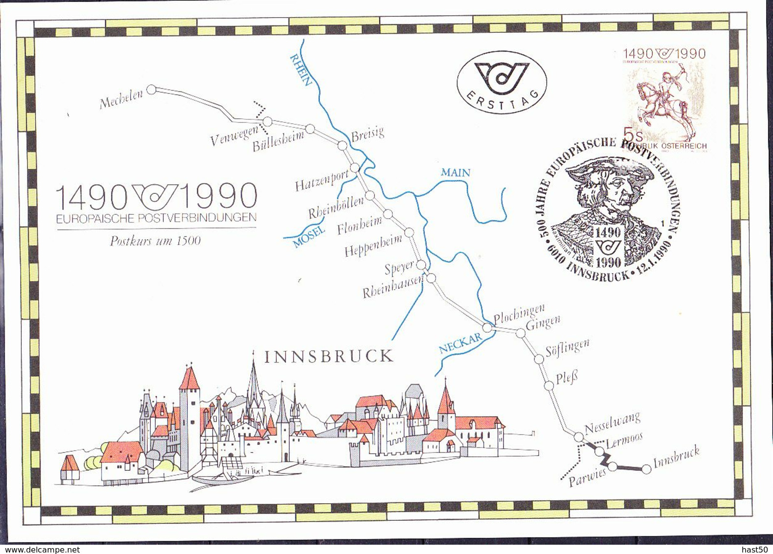 Österreich Austria Autriche - 500 Jahre Postverbindungen (MiNr: 1978) 1990 - FDC (C5-Karte) - FDC