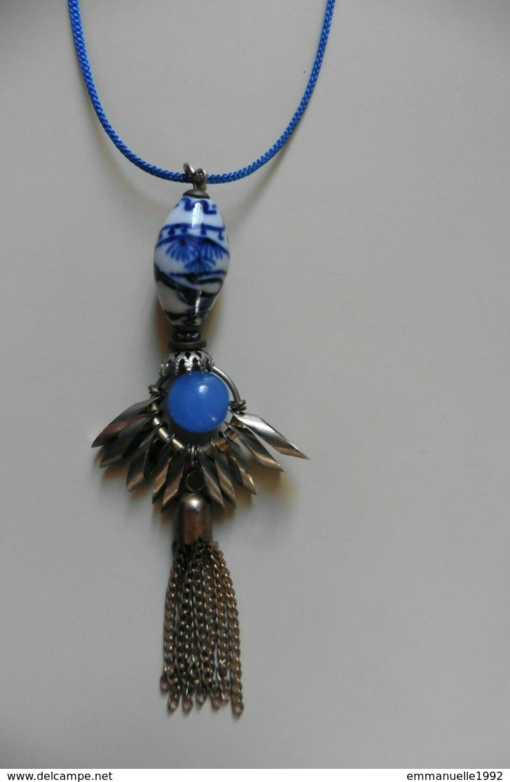 Collier Créateur La Fiancée Du Facteur Style Art Deco Doré Et Bleu Perle En Porcelaine Asie - Halsketten