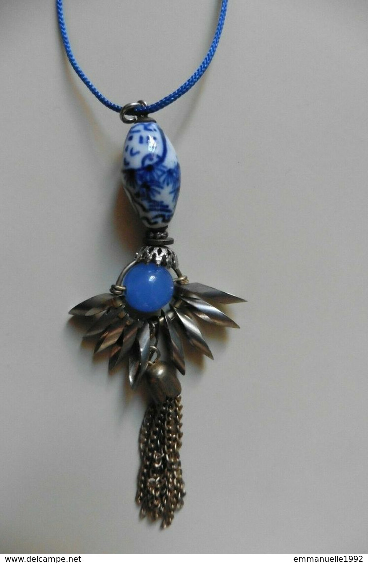 Collier Créateur La Fiancée Du Facteur Style Art Deco Doré Et Bleu Perle En Porcelaine Asie - Halsketten