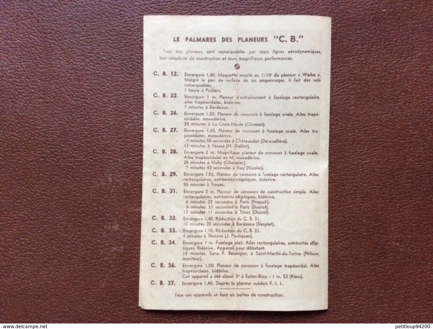 DOCUMENT COMMERCIAL DÉPLIANT  TOUTE L’AVIATION EN MODÈLE RÉDUIT  Palmarès Des Planeurs “C.B.”  CHALANGE Et BONNET - Flugzeuge & Hubschrauber