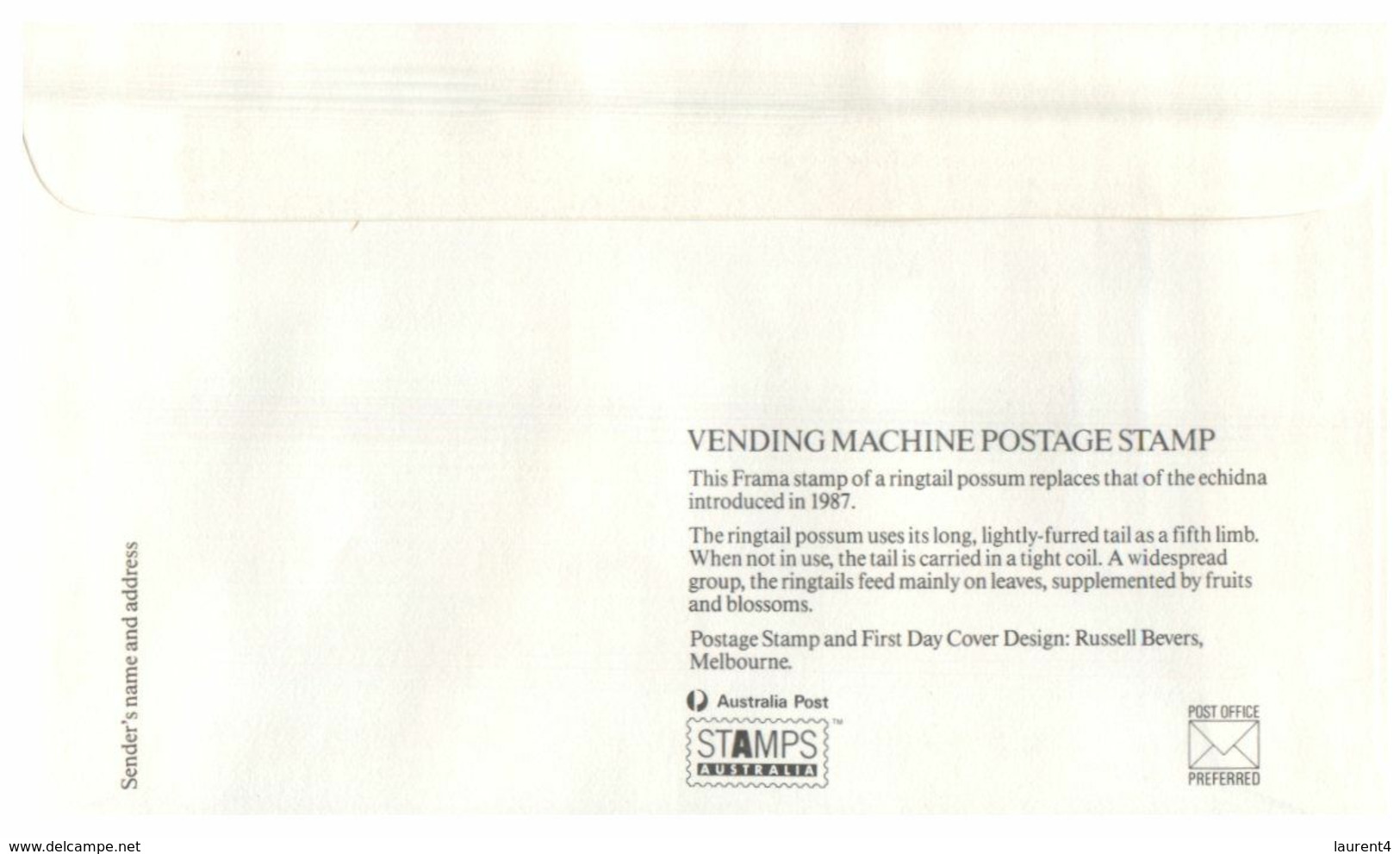 (O 7) Australia (5 Covers) Vending Machine Postage Stamp 1988 (value 0.35 To 0,39 Cents) Possum - Autres & Non Classés