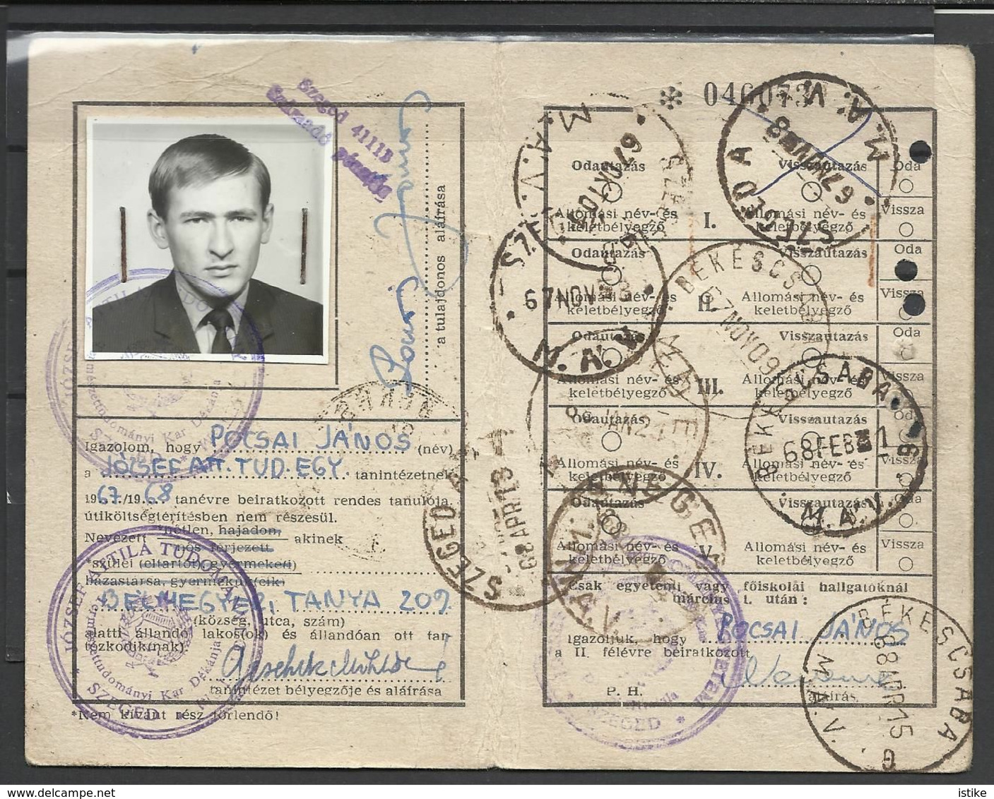 Hungary, Railroad  Season Ticket For Students, Szeged-Békéscsaba, 1967-1968. - Europa