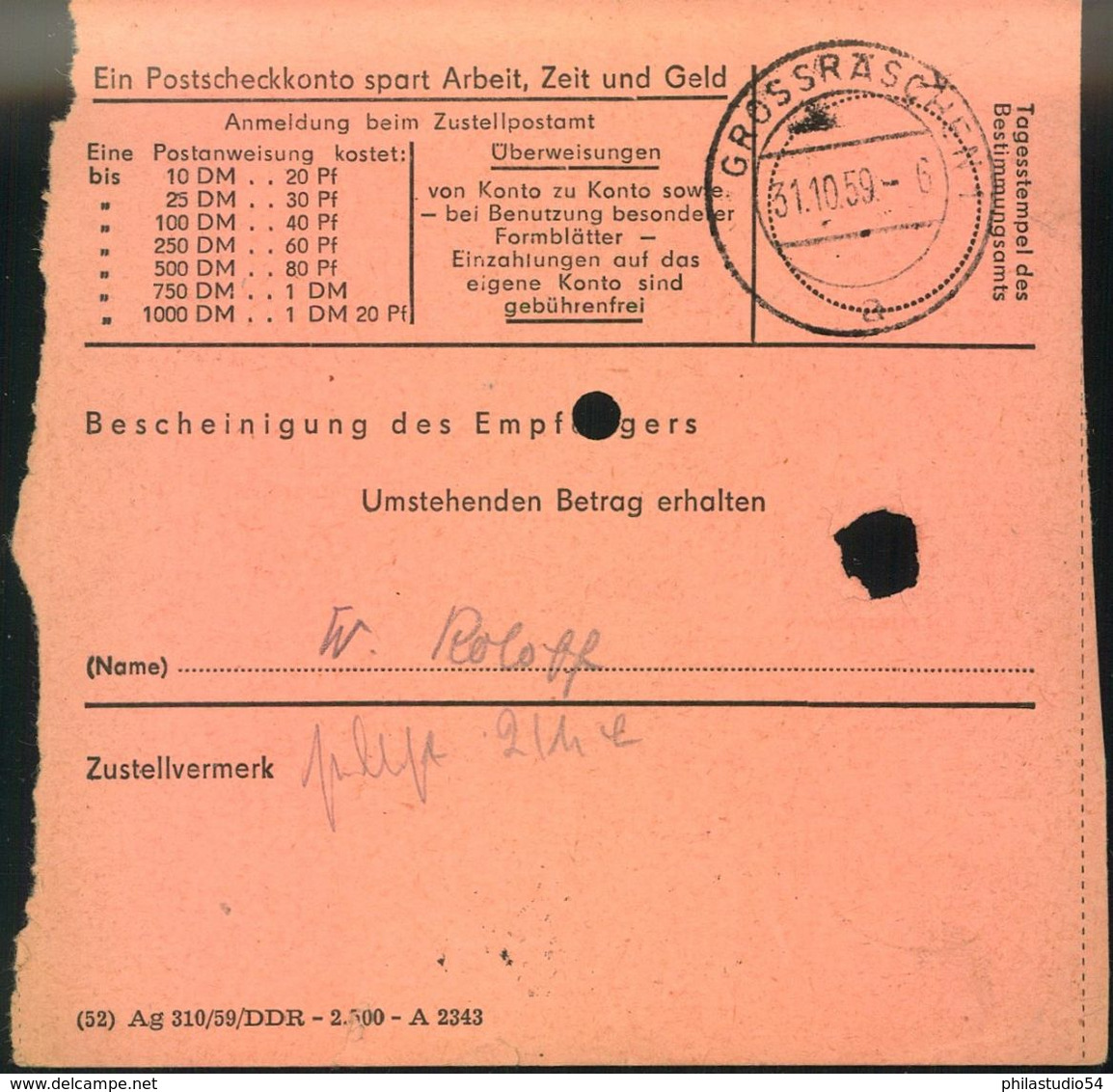 1959, Postanweisung Mit Seltener Einzelfrankatur 40 Pfg. "10 Jahre DDR" Ab RUHLAND - Lettres & Documents