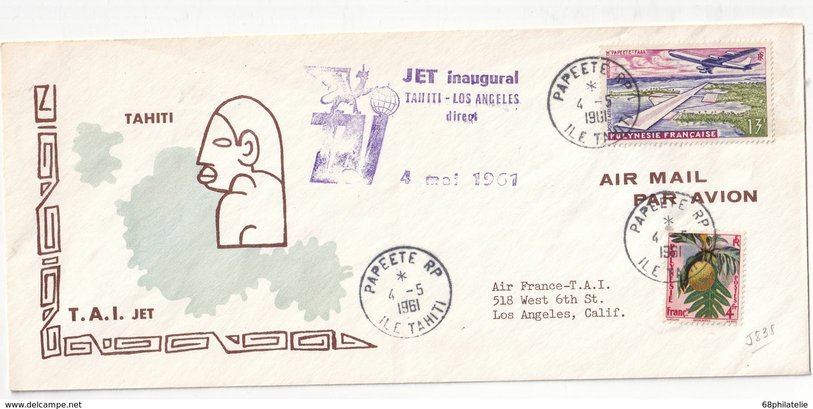 POLYNESIE FRANCAISE 1961 LETTRE DE PAPEETE VOL INAUGURAL TAHITI-LOS ANGELES - Andere & Zonder Classificatie