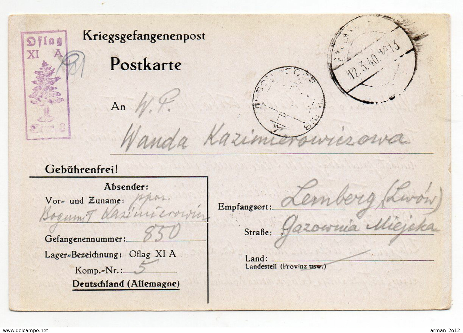 Occupation Of Poland Prisoners Of War Mail Oflag XI A - Lwow 1940 - Prisoner Camps