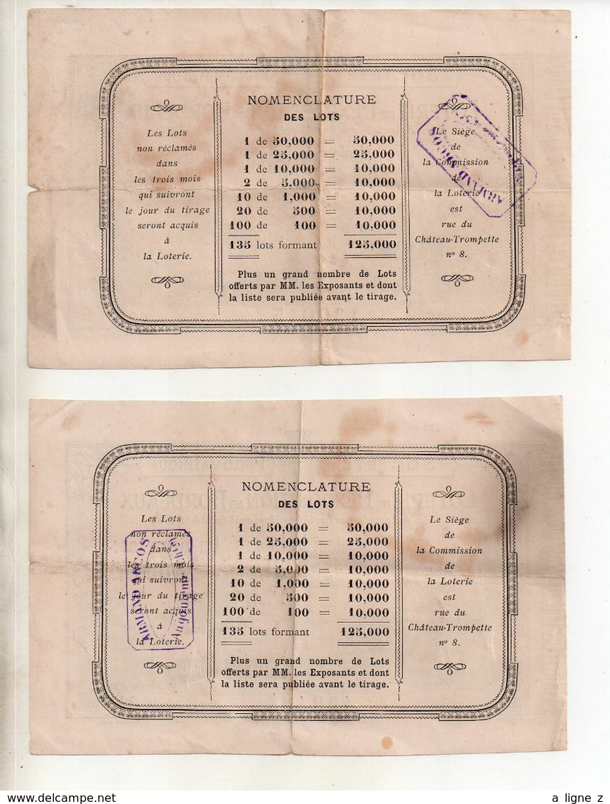 Ref ALB : Billet De Loterie De L'exposition De Bordeaux 10 Juin 1882 Socitété Philomatique (Lot De 2 Billets) - Biglietti Della Lotteria