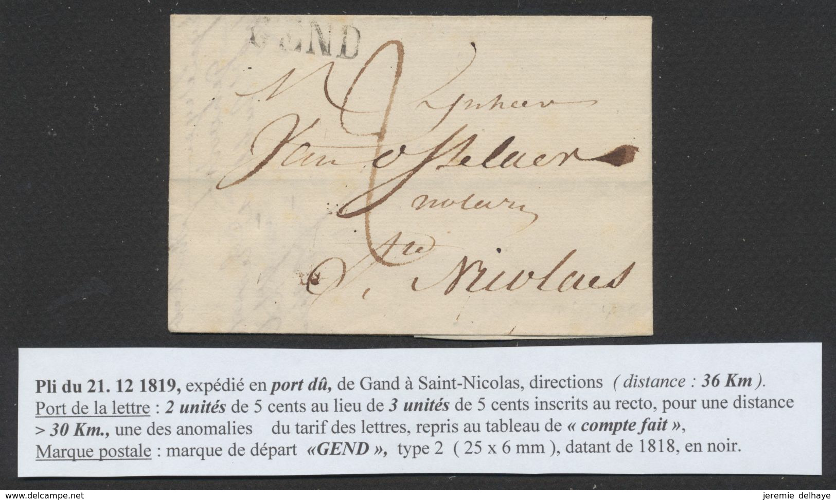 Précurseur - LAC Datée De Gand 21/12/1819 + Obl Linéaire GEND Et Port "2" > St-Nicolas / Fraude Postale, Port De "3" - 1815-1830 (Holländische Periode)