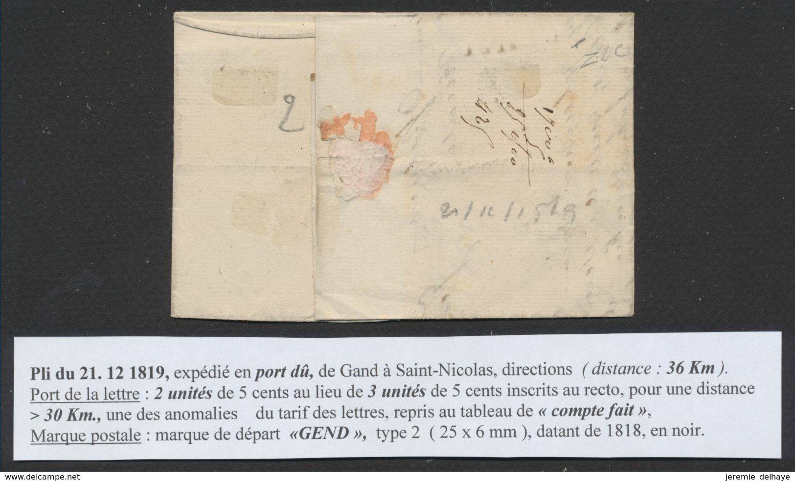 Précurseur - LAC Datée De Gand 21/12/1819 + Obl Linéaire GEND Et Port "2" > St-Nicolas / Fraude Postale, Port De "3" - 1815-1830 (Holländische Periode)