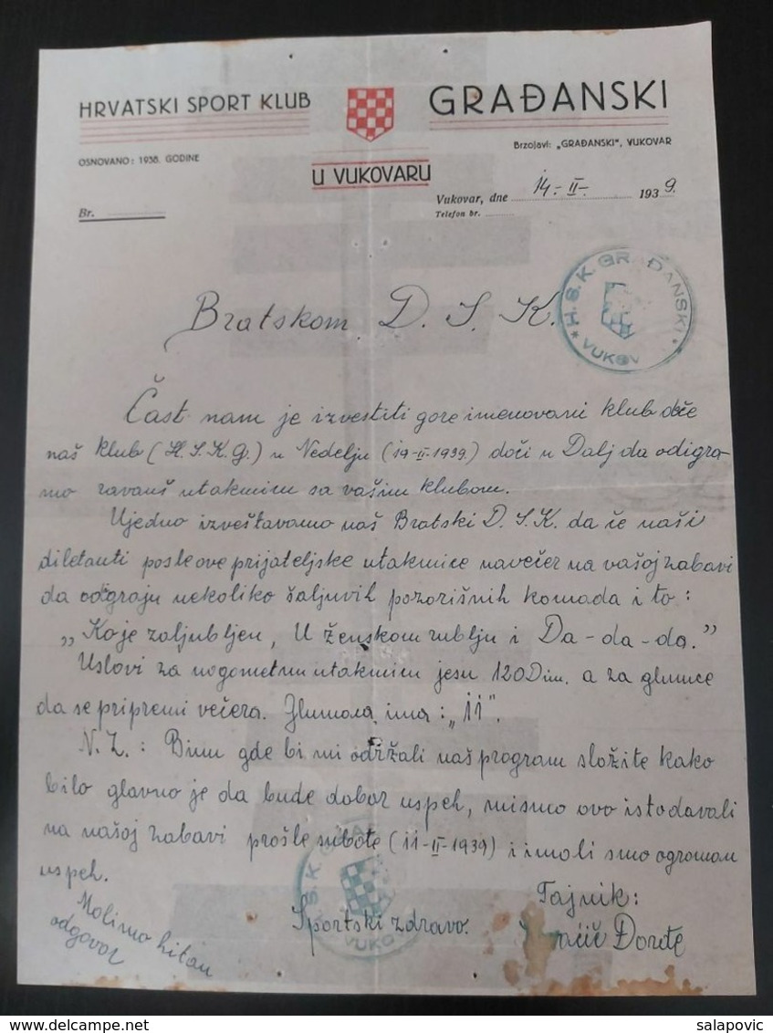 HRVATSKI SPORT KLUB GRADJANSKI VUKOVAR, DOPIS DALJSKI SPORT KLUB DALJ 1939 - Other & Unclassified