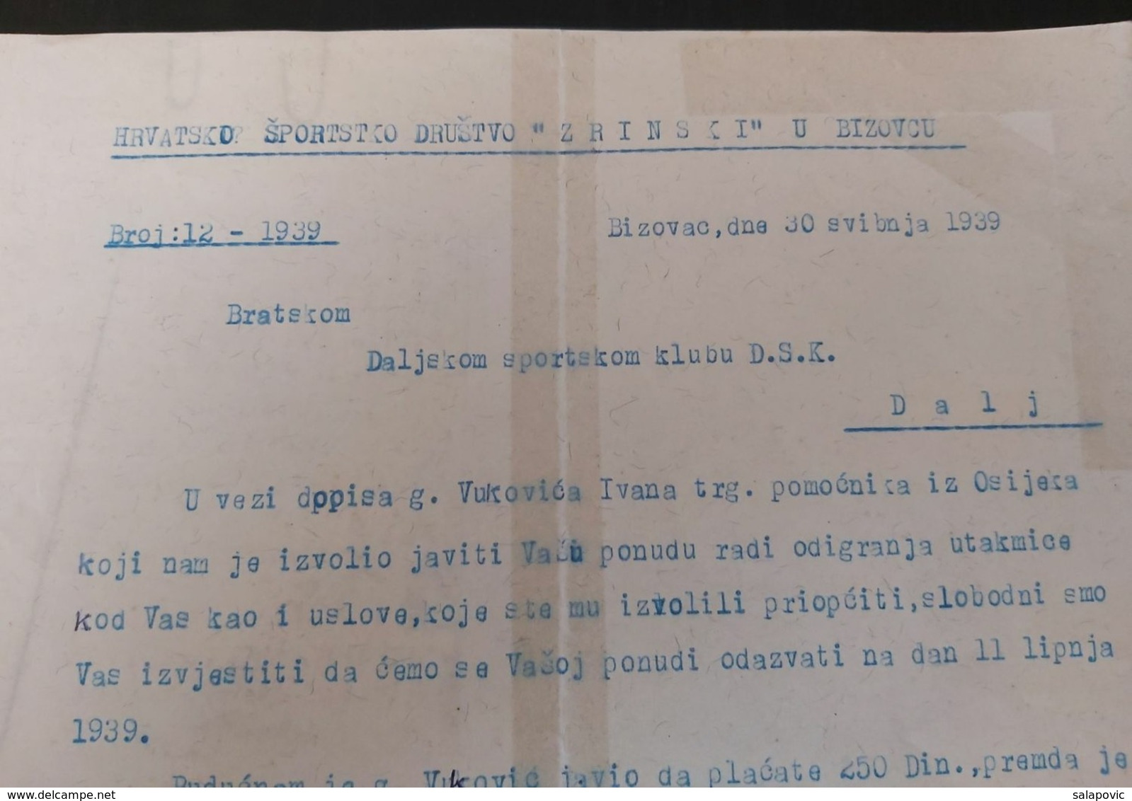 HRVATSKO SPORTSKO DRUSTVO ZRINSKI BIZOVAC, DOPIS DALJSKI SPORT KLUB DALJ 1939 - Otros & Sin Clasificación