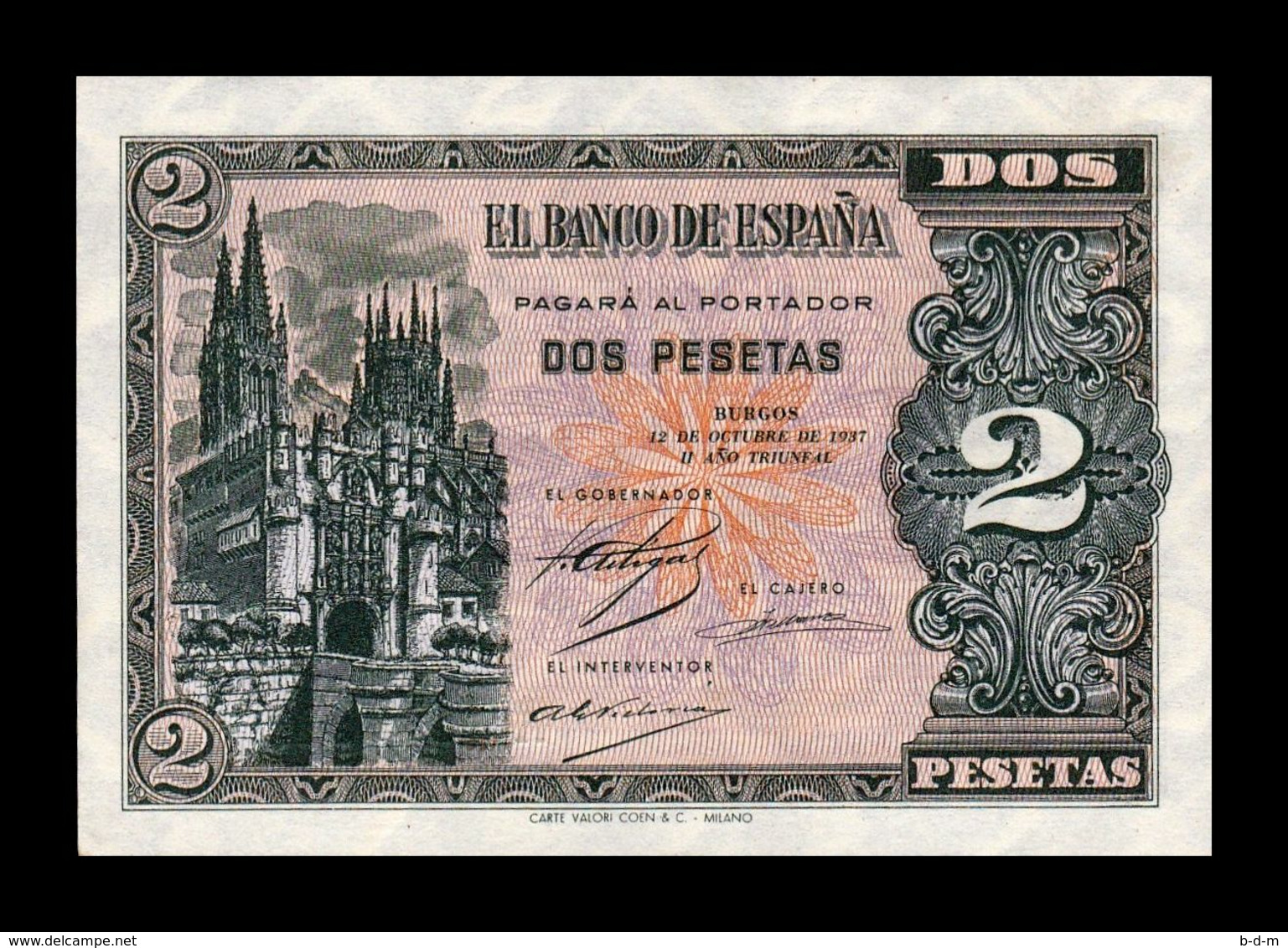 España Spain 2 Pesetas Burgos Octubre 1937 Pick 105 Serie A SC UNC - 1-2 Pesetas