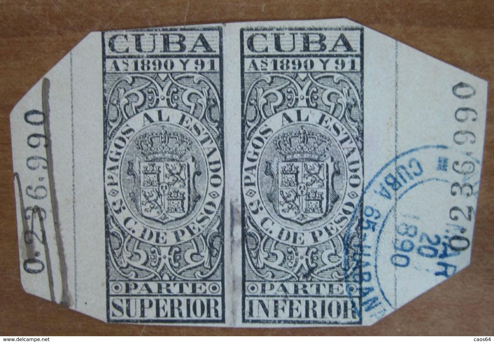 1890 1891 CUBA Fiscali Segnatasse Tax Pagos Al Estado 5 Ctv Superior/Inferior - Usato - Strafport