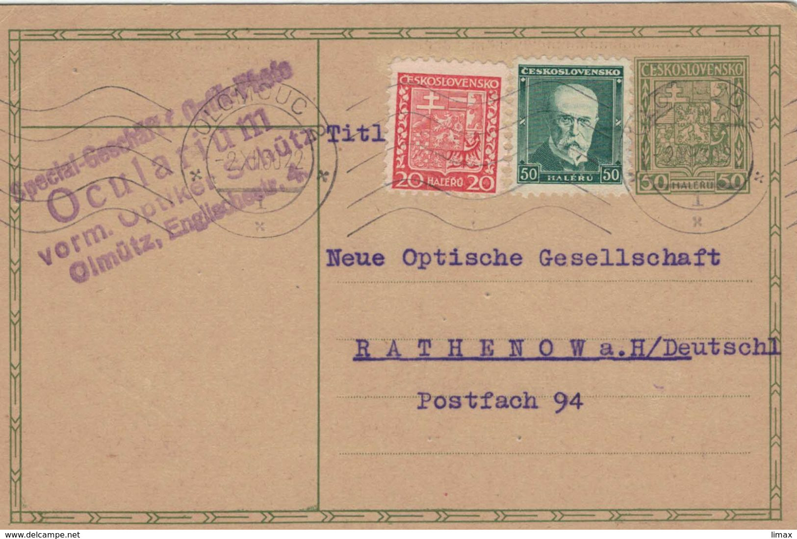 Ganzsache Ocularium Olmütz Olomouc 1930 Nach Rathenow - Mit Zufrankierung - Ohne Zuordnung