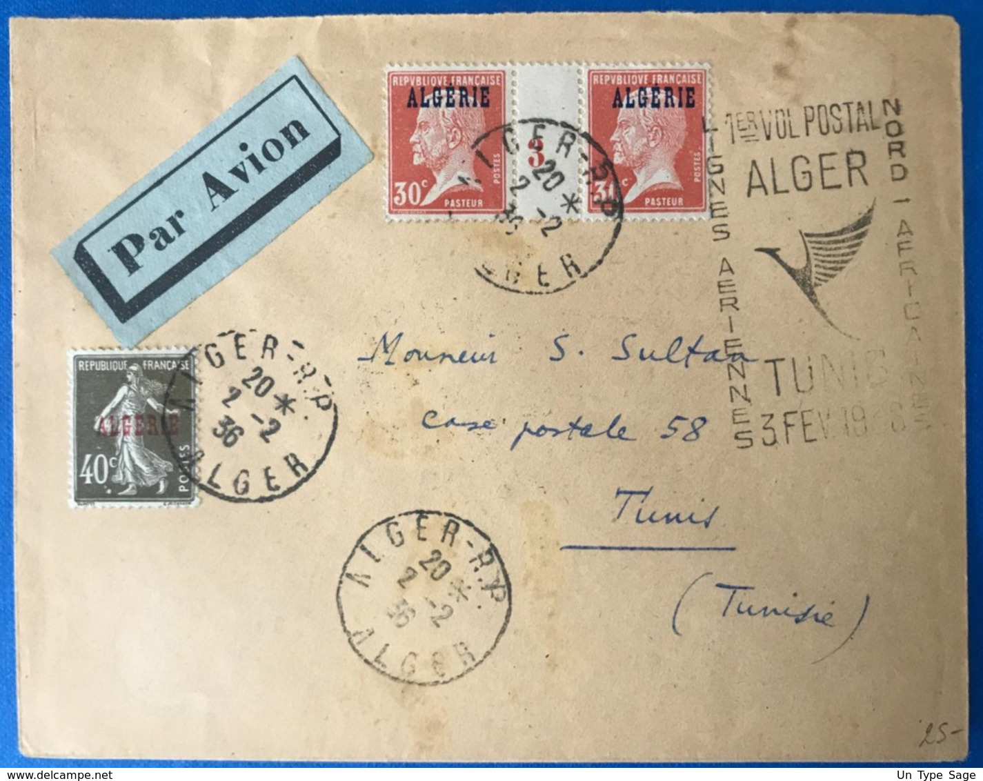 Algérie N°15 (paire Millésime 3) + N°20 Sur Enveloppe - 1er Vol ALGER-TUNIS 3.02.1936 - TTB - (B3506) - Brieven En Documenten