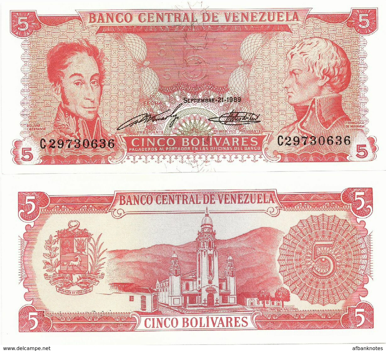 VENEZUELA       5 Bolívares       P-70b       21.9.1989       UNC - Venezuela