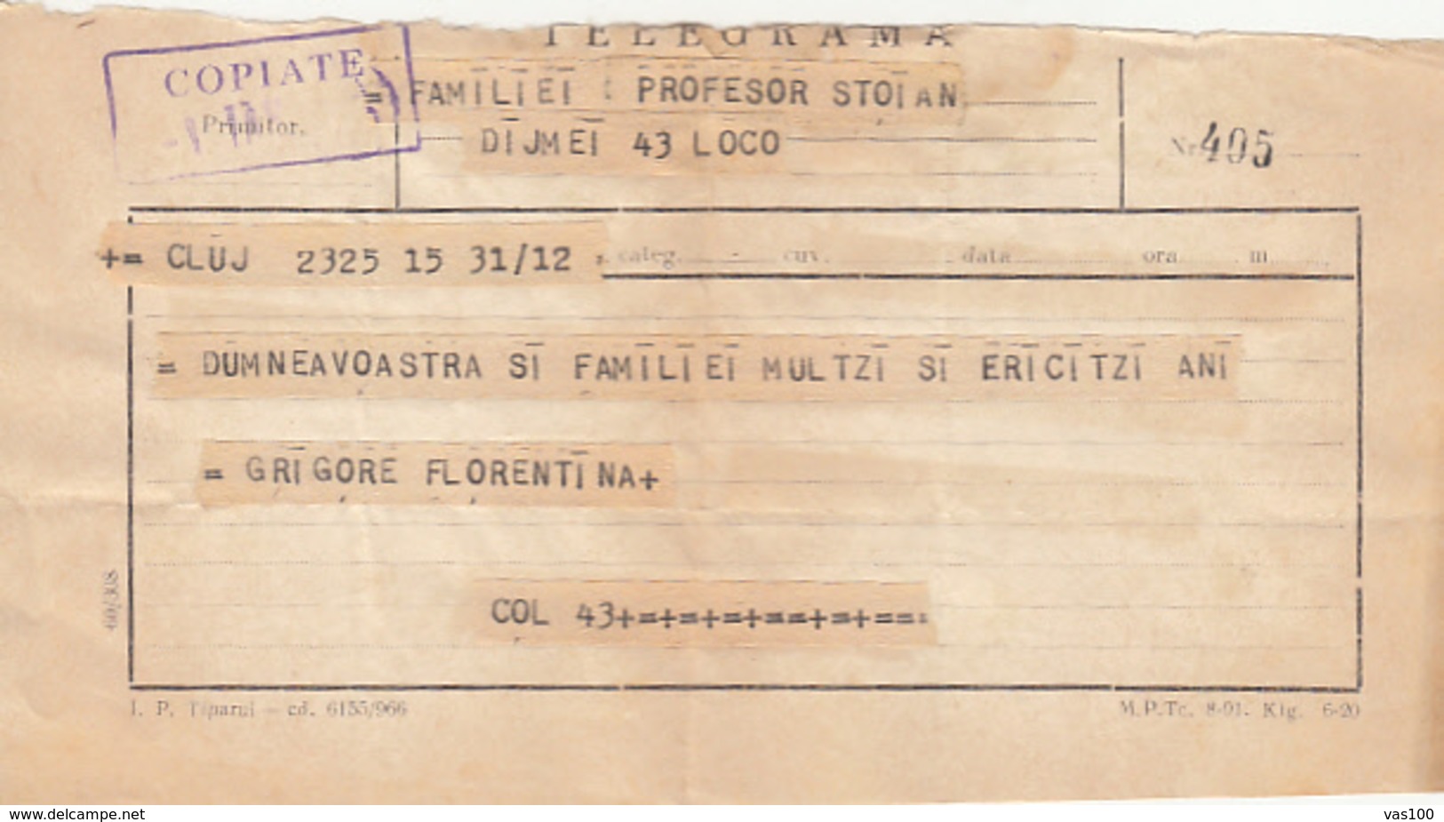 TELEGRAPH, TELEGRAMME SENT LOCO IN CLUJ NAPOCA, ABOUT 1966, ROMANIA - Telegraph