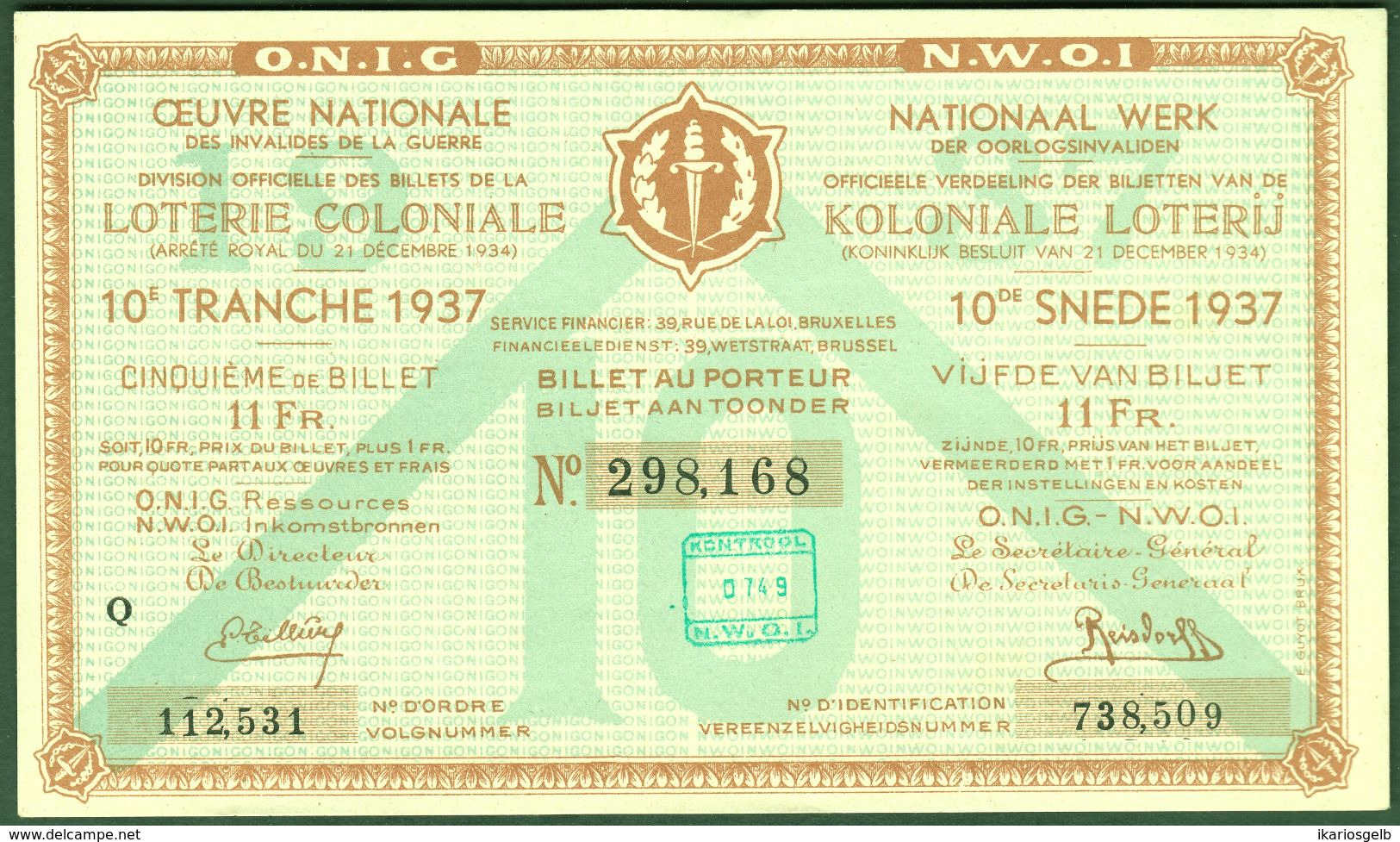 BELGIEN Belgie Belgique " Loterie Coloniale / Koloniale Loterij " 10. Snede/tranche 1937 - Biglietti Della Lotteria