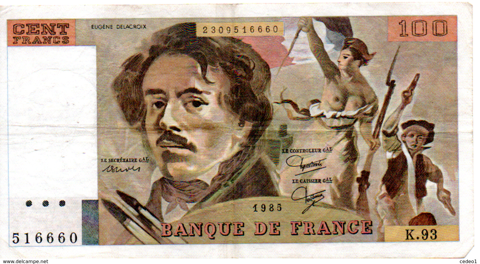 BILLET  100 FRANCS  DELACROIX  1985  SERIE K93 - 100 F 1978-1995 ''Delacroix''