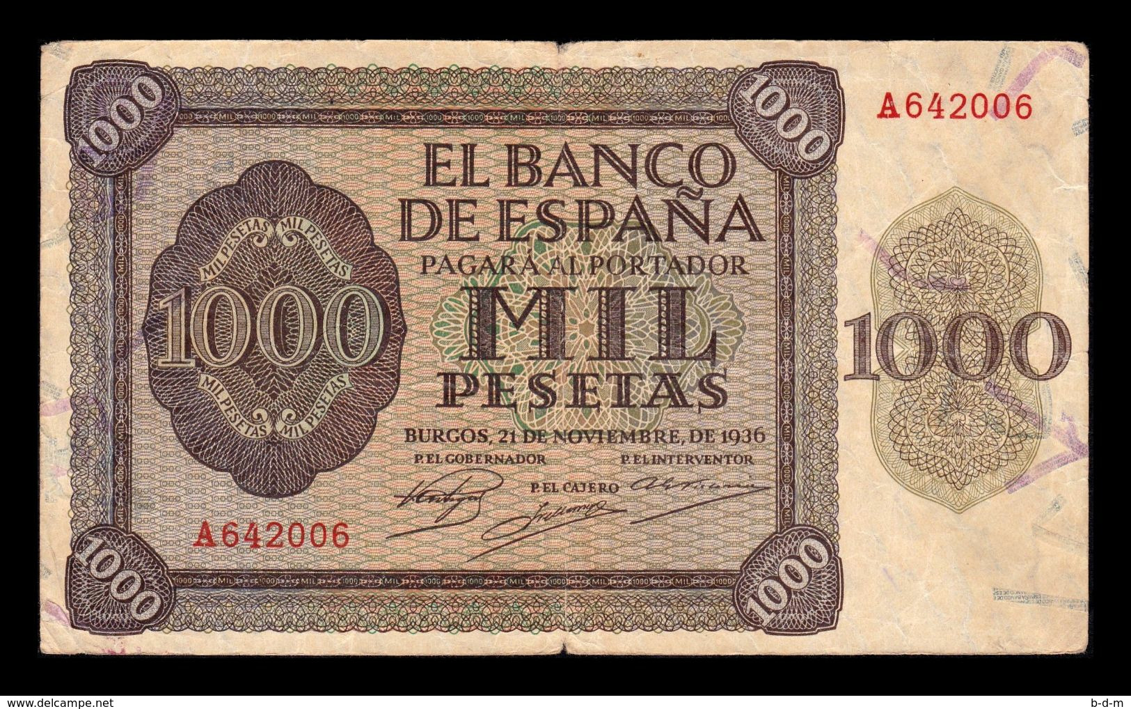 España Spain 1000 Pesetas Burgos 1936 Pick 103 Serie A BC+ F+ - 1000 Pesetas