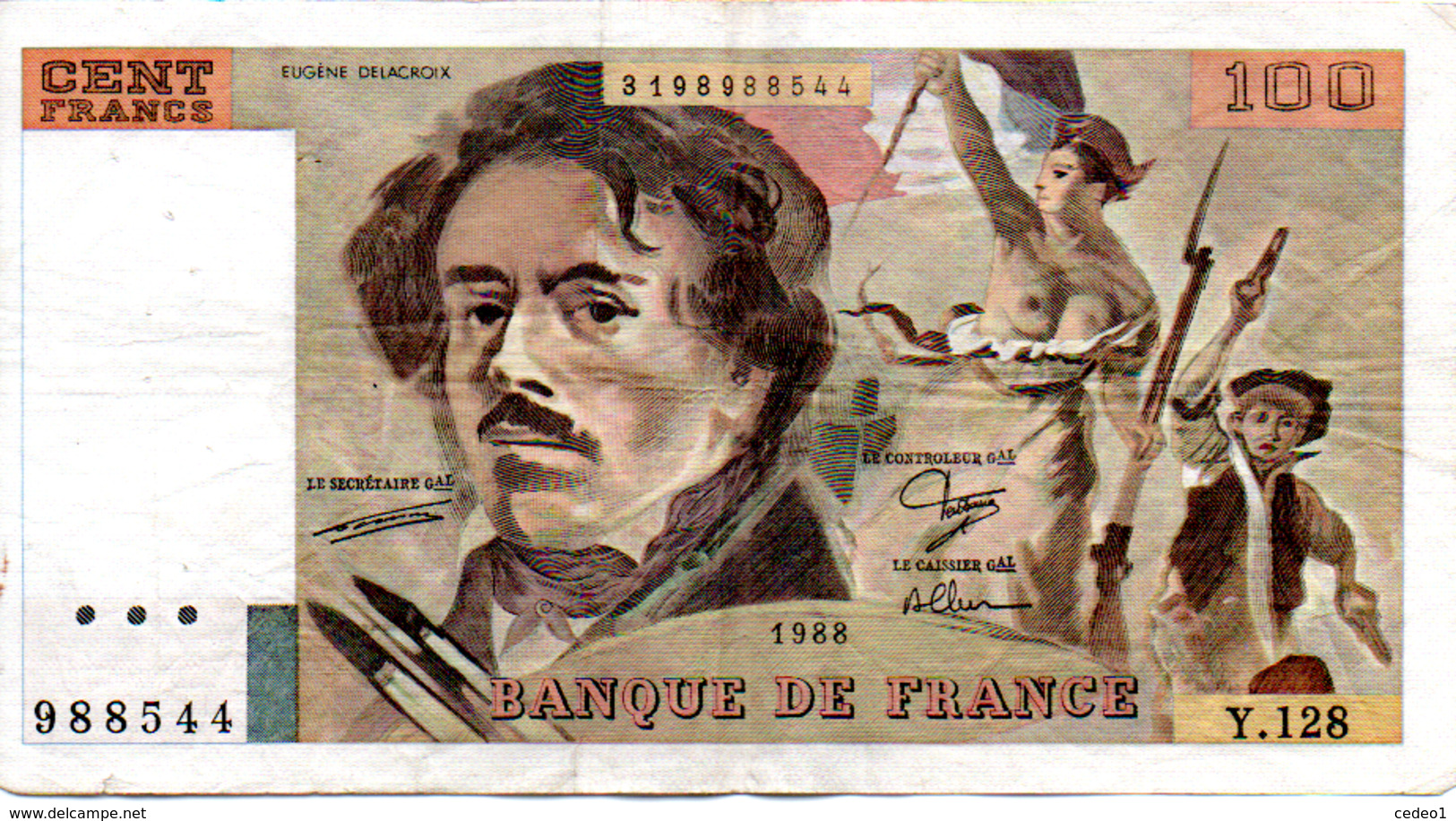 BILLET  100 FRANCS  DELACROIX  1988  SERIE  Y 128 - 100 F 1978-1995 ''Delacroix''