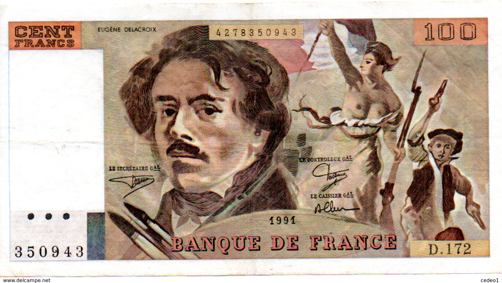 BILLET  100 FRANCS  DELACROIX  1991  SERIE D.172 - 100 F 1978-1995 ''Delacroix''