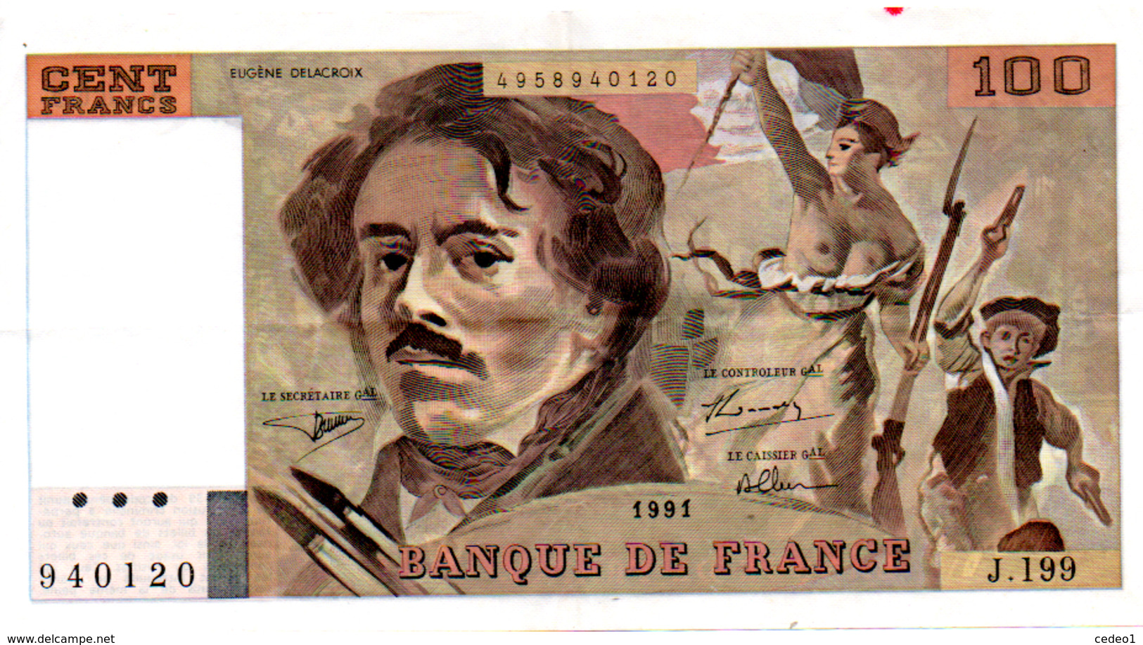 BILLET  100 FRANCS  DELACROIX  1991  SERIE J.199 - 100 F 1978-1995 ''Delacroix''