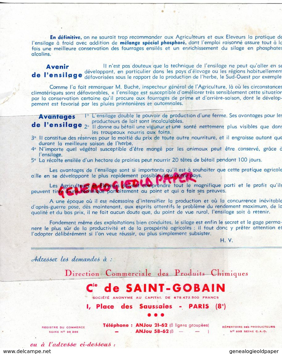 75-PARIS- PUBLICITE AGRICOLE SAINT GOBAIN- ENSILAGE - FERME AGRICULTURE PHOSPHORE - 1 PLACE DES SAUSSAIES- - Werbung